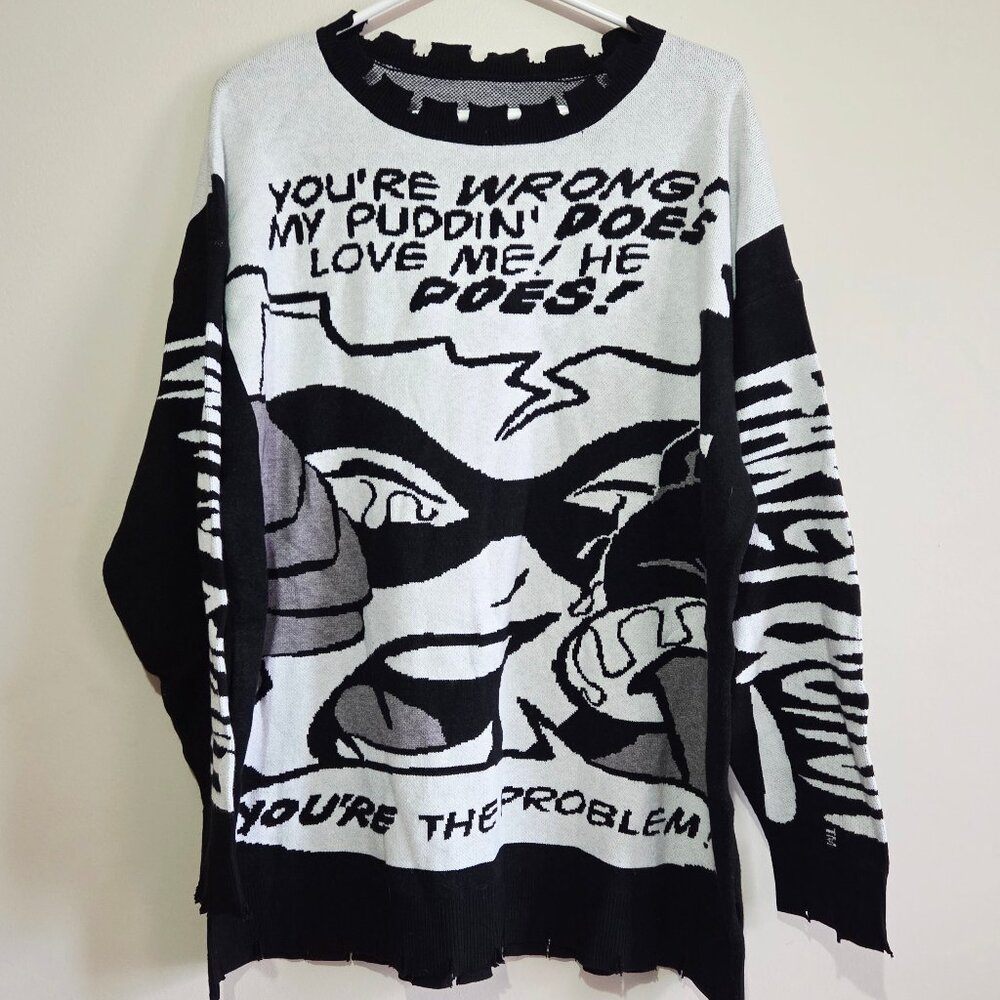 Harley Quinn Comic Graphic Black & White Knit Sweater - Batman
